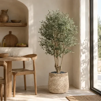 Umjetne masline u dekorativnoj kamenoj tegli u sunčanoj mediteranskoj blagovaonici.